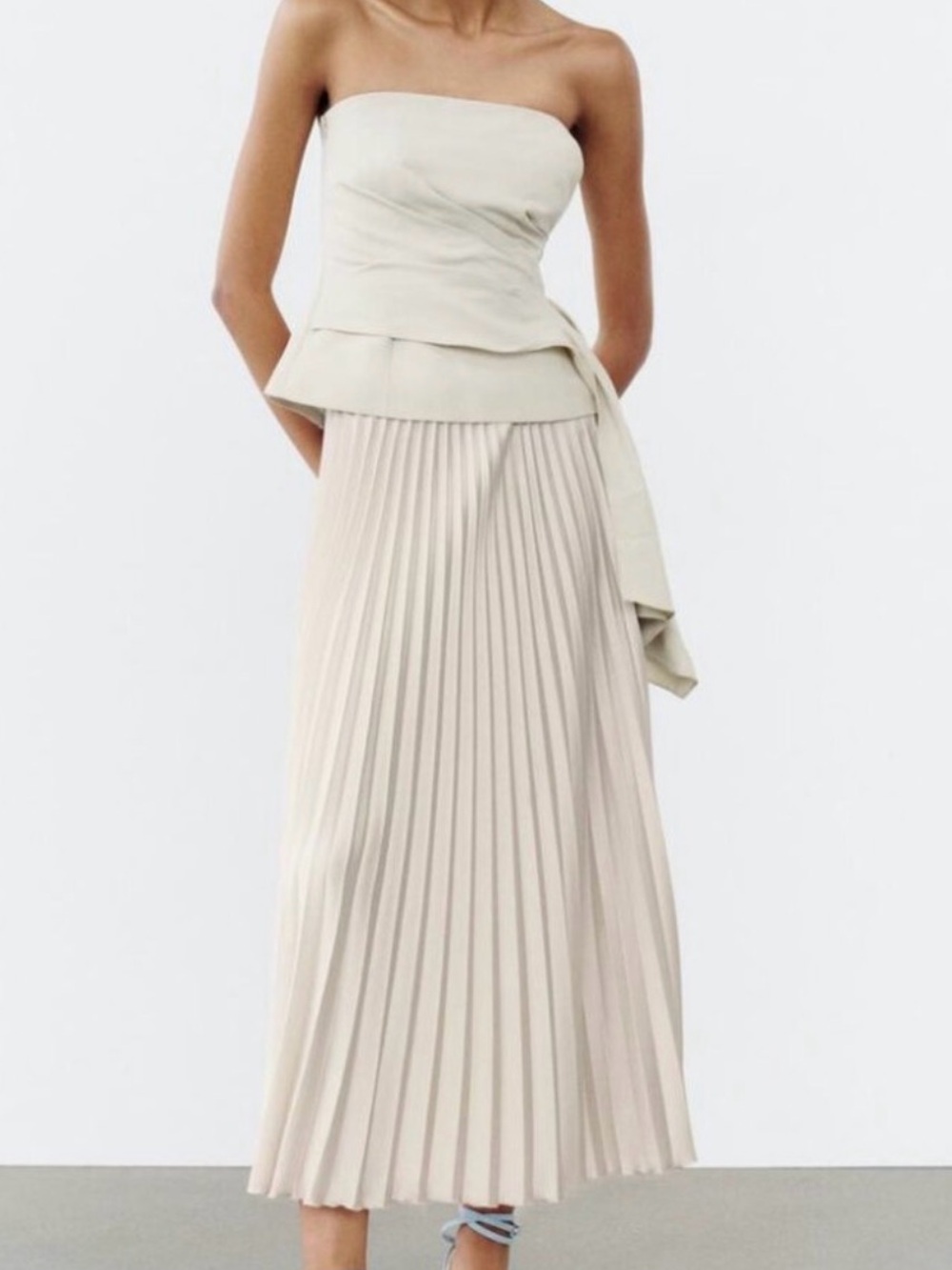 Zara Satin Pleated Midi Skirt in Light Beige